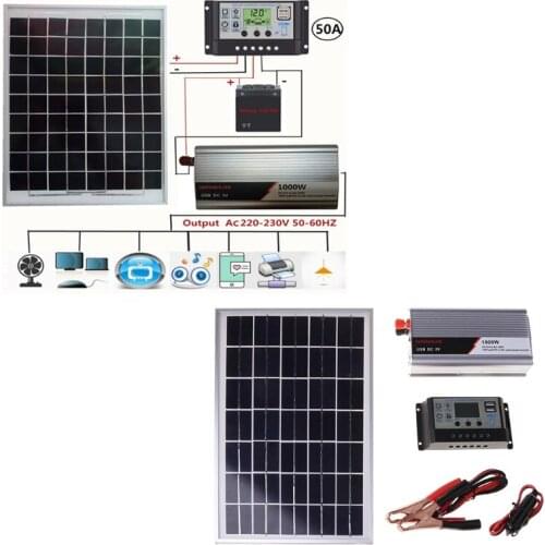 18V 20W Solar Panel Power System + 12V / 24V Controller + 1000W Inverter AC230V Kit for Outdoor Home Energy Saving
