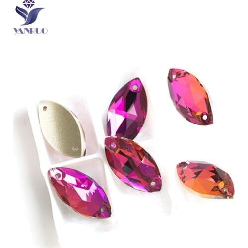 YANRUO 3223 Navette Fuchsia Sewing Rhinestones Horse Eyes Stones and Crystals Glass Sew On Strass Wedding Dresses