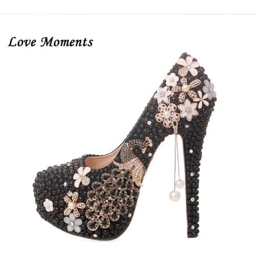 Black pearl bridal shoes peacock up heel round toe fashion shoes woman big size girl wedding shoes Bride Party dress shoe
