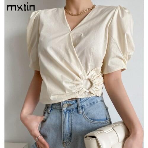 MXTIN 2021 Women Summer Vintage Solid Folds Cropped Blouses Fashion Sweet V-Neck Short Sleeves Female Shirts Blusas Chic Tops
