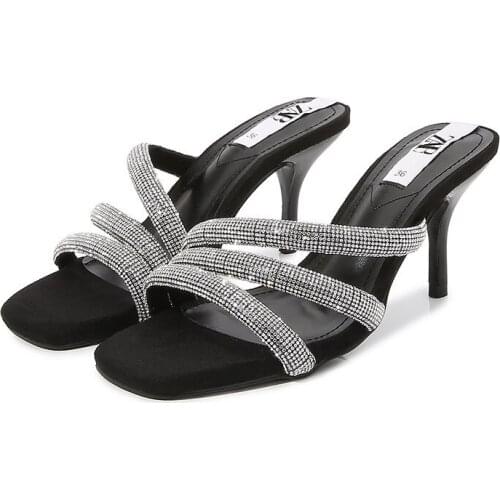 2021 New Square Toe Rhinestone Open Toe Back Stiletto Sandals Black Shiny Chain Strap Rhinestone High Heel Sandals Women