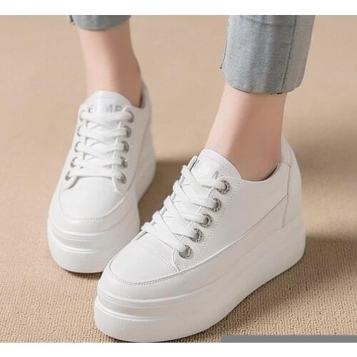 Women Sneakers PU Leather Casual Platform Trainers White Shoes 8 CM Heels Autumn Wedges Breathable Woman Height Increasing Shoes