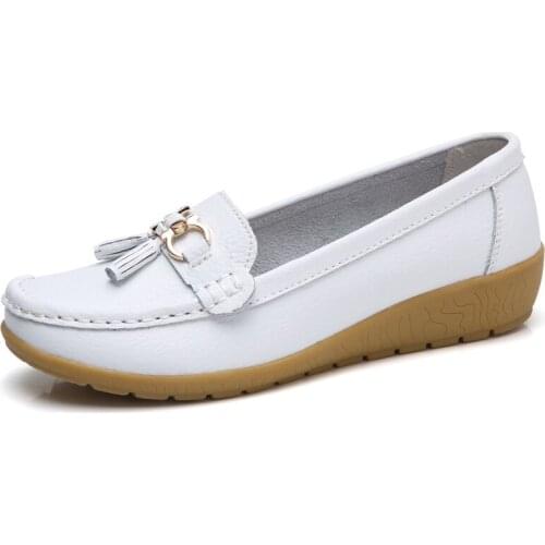 2021 Women Shoes Spring Autumn Cow Leather Flats Women Footwear Slip On Loafers Mother Moccasins Shoes Female Large Size 35-44
