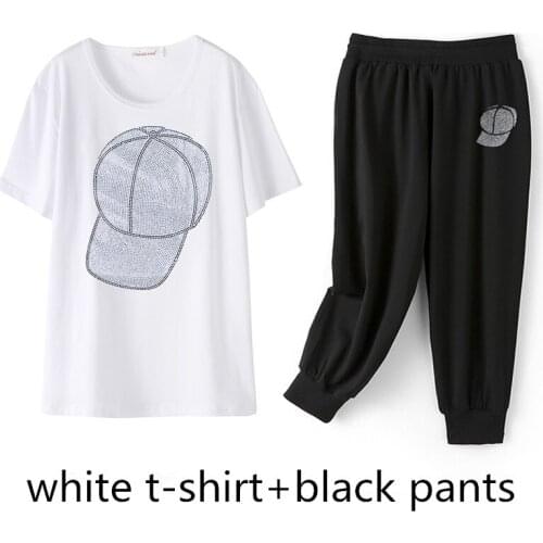 Sports Suit Women Fashion Hat Diamond T-Shirt+Calf-Length Pants Large Size Summer Round Neck Tops TZ002