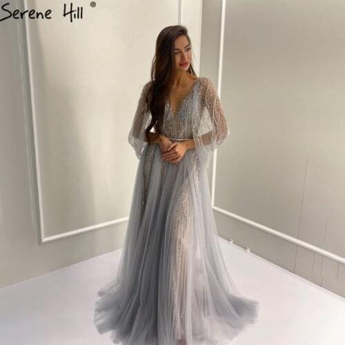 Serene Hill Grey Luxury Beaded A-Line Evening Gown 2021 Diamond Cape Sleeves Elegant For Women Formal Party Dress CLA70788