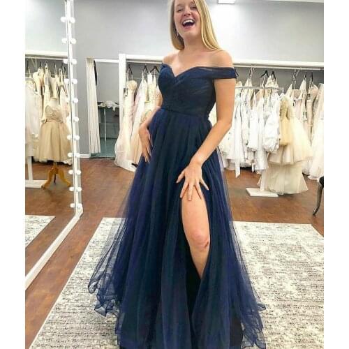 VKBRIDAL Sexy Long Navy Blue V-Neck Tulle Prom Dresses with Slit Corset Back off Shoulder Formal Evening Homecoming Party Gowns