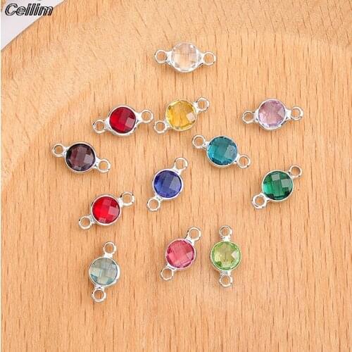10Pcs 6mm Silver Color Copper Crystal Birthstones Connector Gem Stone Charm Beads Findings For Jewelry Making Handmade