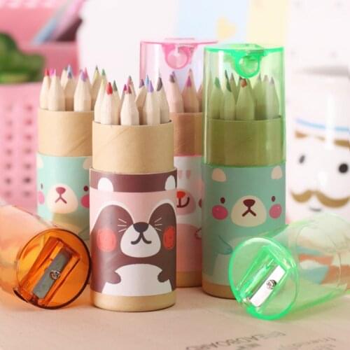 12 Pcs / Pack Cute Bear Cartoon Mini Kids Wooden Painting Pen Colored Pencils Office School
