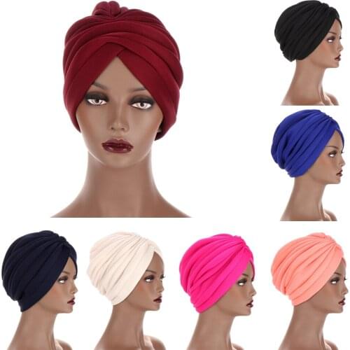 12PCS Women Cotton Turban Hijab Solid Bandana Headwear Beanie Indian Pleated Hat Chemo Cancer Bonnet Hijab Wrap Headscarf Random