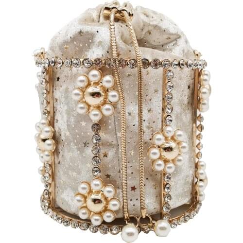 13x13CM Totes Bag Women Metal Bucket Bag With Pearls And Diamonds Handbag Drawer With Chain Pig Cage Bag a6192