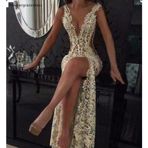 Cheap Plunging V Neck Evening Dress Newest Full Lace Side Cutaway Formal Celebrity Holiday Wear Prom Party Gown