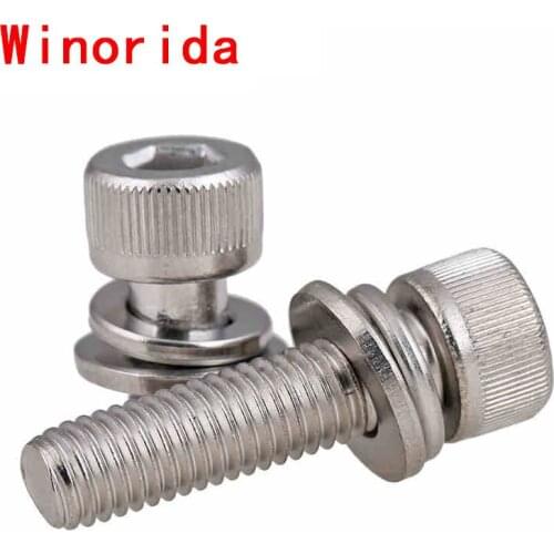 304 Stainless Steel Three Combination of Hexscrew Cylinder Head with Its Own Flat Pad Screw M2.5M3M4M5M6M8 50Pcs