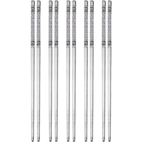 5 Pairs of Blue and White Porcelain Pattern Stainless Steel Non-slip Chinese Chopsticks Tableware Set