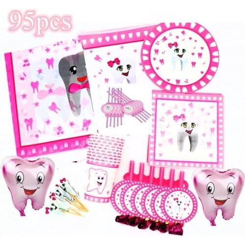 95pcs Pink Teeth Birthday Party Supplies First Tooth Disposable Plates Cups Napkins Tablecloths Banners Girls Party Tableware