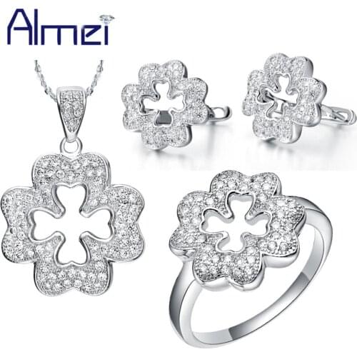Almei Lovely Charming Exquisite Earring Rings Necklace Vintage Flower Jewelry Sets Gift Setting Full Shiny Rhinestone T050