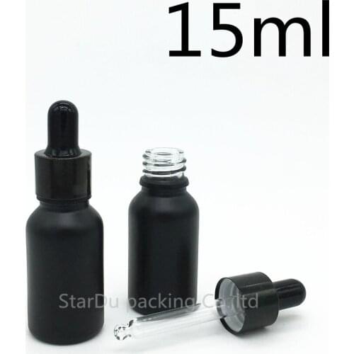 Free shipping 200pcs 15ml black frosted glass essential oil bottle with shiny black ring dropper glass perfume bottle