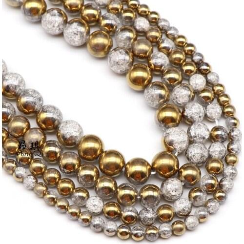 6-12MM One Side Plated Gold White Snow Cracked Crystal Natural Stone Beads For Jewelry Making DIY Charm Bracelet Necklace 15