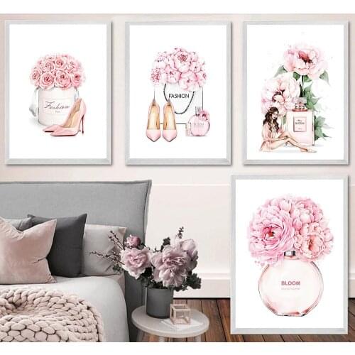 Perfume Bottle Fashion Poster Bloom Flower Canvas Print Pink Rose Painting High Heel Wall Art Prints Pictures Girls Room Decor
