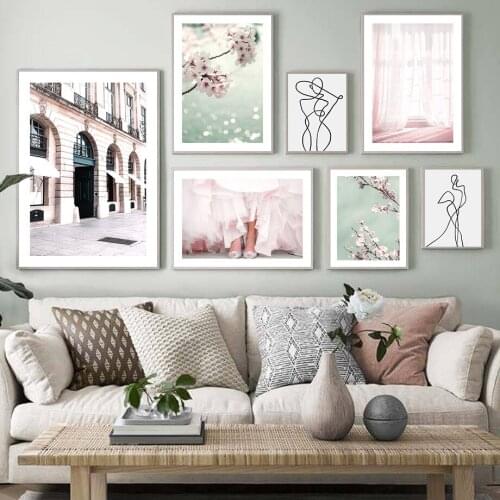 Line Girl Cherry Blossom House Terrace Wall Art Canvas Painting Nordic Posters And Prints Wall Pictures For Living Room Decor