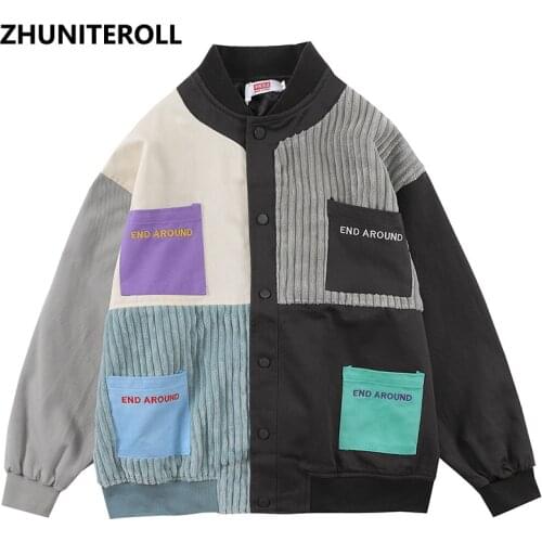 Multi-Pocket Harajuku Embroidery Patchwork Jacket Men Fashion Button Bomber Baseball Coats Streetwear Block 2021 Tops Clothing