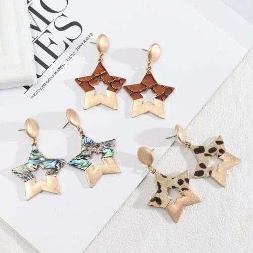 Fashion Five Point Star Charm Abalone Shell Pattern Paper Leopard Print Earrings Gold Dangle Brincos Brand Jewelry Women