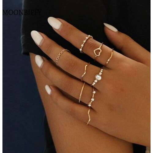 9Pcs Bohemian Vintage Gold Crescent Geometric Joint Ring Set for Women Crystal Personality Design Ring Set Party Jewelry Gift