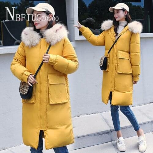2020 New Winter Big Fur Collar Korean Women Parkas Slim Padded Pocket Fashion Female Overcoat