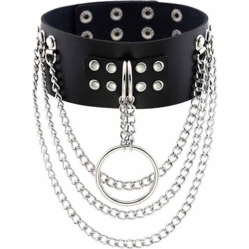 Sexy Punk Multilayers Chains Chokers Collar Big Round Metal Leather Bondage Gothic Jewellery Women Cage Harness Necklace