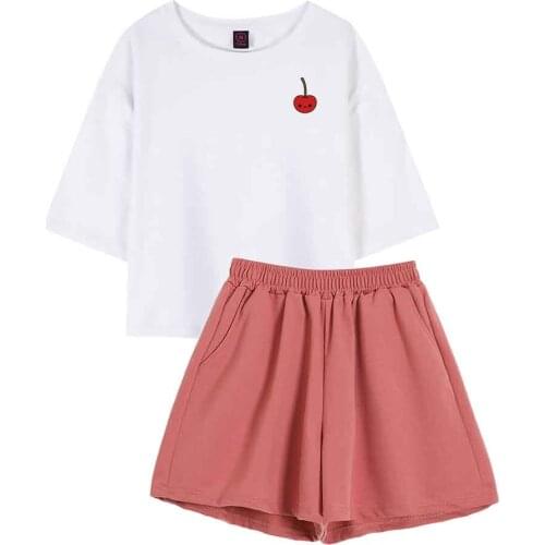 Pajamas for Women Summer Funny Cherry Print 2 Piece Set Women Shorts and Top Sleep Suit Cotton Shorts Sets Female Home Clothes