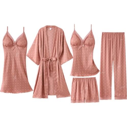 5PCS Pajama Set Women Lace Trim Satin Sleepwear Suit Pyjamas Summer Bridal Wedding Nightwear Casual Home Wear Kimono Best Friend