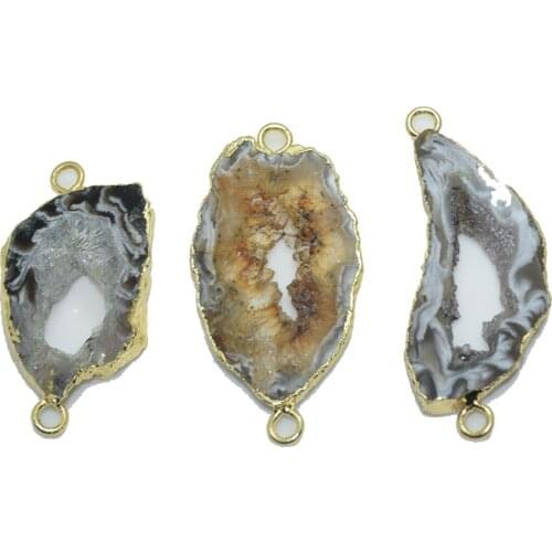 Geode druzy stone pendant connector for women with hole black natural gold bezel raw slice gem stones for jewelry making large