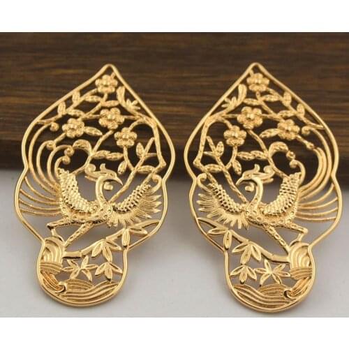 10 pairs Brass Casting Flower Branch Phoenix Pendant Oriental Embellishment Stamping Charms DIY Bridal Wedding Jewelry Supplies