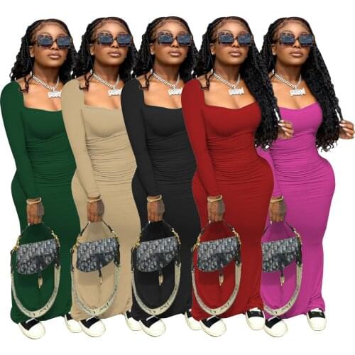 Casual Women Long Dress Bodycon Pleated Full Sleeve Streetwear Party Night Solid Color Autumn Dresses For Womnen Outfit