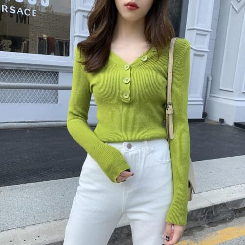 All-match Korean Style Knitted Top Ladies V-neck Button Long-sleeved Stretch Pullover Sweater Slim Bottoming Shirt Autumn Winter
