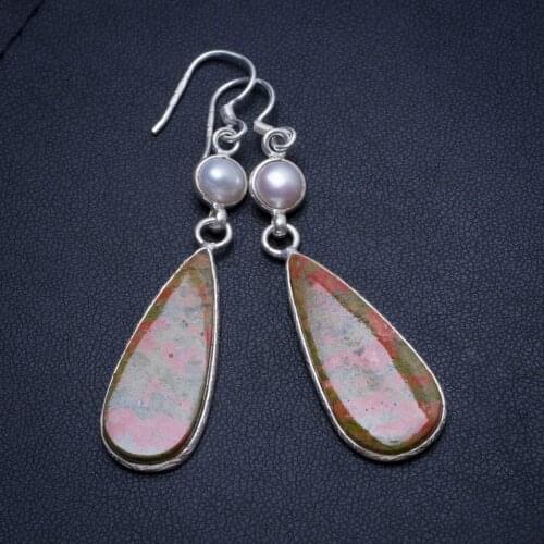 Natural Green Unakite and River Pearl Handmade Indian 925 Sterling Silver Earrings 2 1/4" T4422