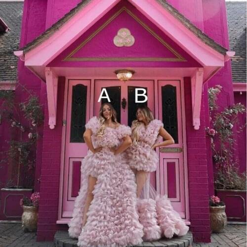 Chic Baby Pink Draped Tulle Long Prom Event Dresses Fashion 2 Style Ruffles Tiered Mesh Women Party Dress New Year Female Gowns