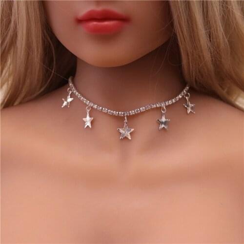 Rhinestone Star Party Womens Pendant Necklace Fashion Female Choker Necklaces Simple Ladies Crystal Pentagon-Star Jewelry Gifts