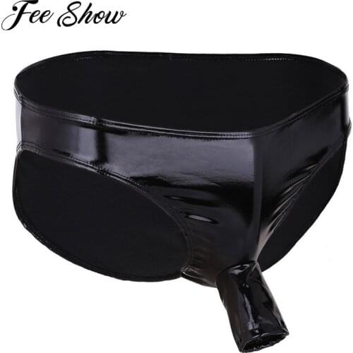 Fashion Sexy Mens Fashion Lingerie Briefs Sissy Panties Wet Look Patent Leather Briefs Underwear Panties with Open Penis Sheath