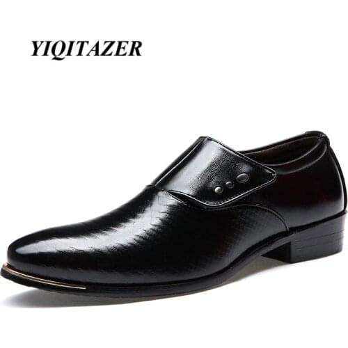YIQITAZER 2018 New Fashion Men Wedding Dress Shoes,Black Shoes Round Toe Business British Slipon Geniune Mens shoes