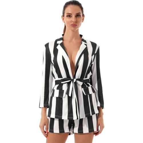 Women Fashion Casual Suit Office Lady Striped Two Piece Outfits Clubwear 3/4 Sleeve Lapel Blazer Jacket Belted Coat Shorts Sets
