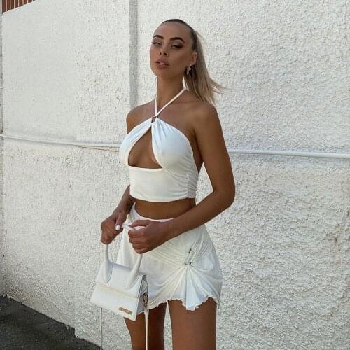 Women’s Sexy Vest and Skirt Suit Fashion Solid Color Hollow Halter Tops and A-line Short Skirt 2 Piece Set for Summer