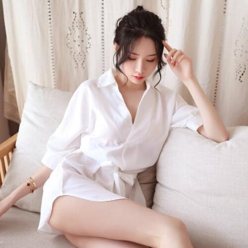 Women Drape Feel Noble Lingerie Sleepwear Lady Comfortable Robe Nightgown Underwear Belt V Neck Semi Sheer Night Babydoll Dress
