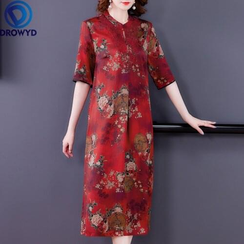 Women Boho Maxi Dress Spring Summer 2021 New Cheongsam Casual Half Sleeve Print Silk O-Neck Green Red Bottom Case Party Dresses