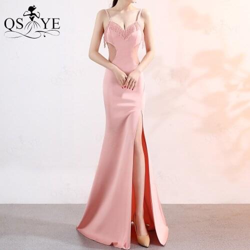 Pink Beading Evening Dresses Sexy Split Prom Gown Spaghetti Straps Party Dress Hollow Out Sides Evening Gown Stretch WomenVestid