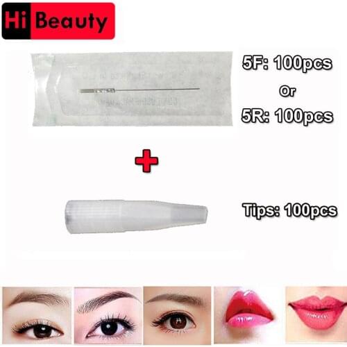 100PCS 5R 5F Tattoo Needles And 100PCS Tips For Permanent Makeup High Quality Traditional Tattoo Needles Independent Package