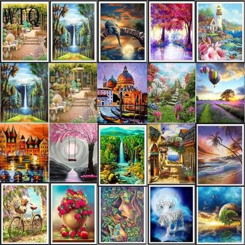 5D DIY Diamond Painting Landscape Rural Woods Beach Flower Mosaic Painting Diamond Embroidery Full Square/Round Drill Home Decor