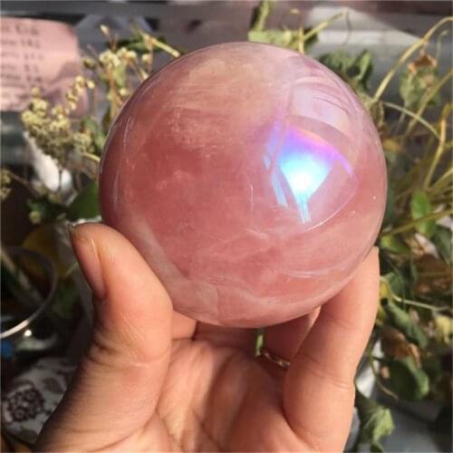 Aura Pink Rose Powder Crystal Quartz Ball Natural Crystal Sphere Healing Stone Home Decoration Lovers Gifts