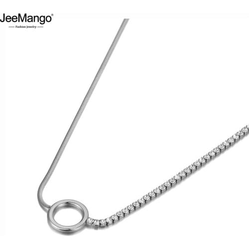 JeeMango Trendy Bohemia Stainless Steel CZ Crystal Box Chain Choker Necklace Sparkling Circle Pendant Necklace For Women JN20080