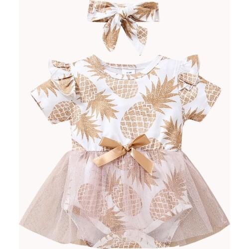 2Pcs Baby Girl Summer Romper Pineapple Print O-Neck Short Sleeves Jumpsuit with Hairband for Toddler Girls, 0-12 Months