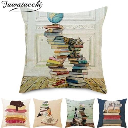 Fuwatacchi Linen Square Cushion Cover Cartoon Cute Kitten Pillow Cover 45x45cm for Home Chair Sofa Decorative Throw Pillow Cases